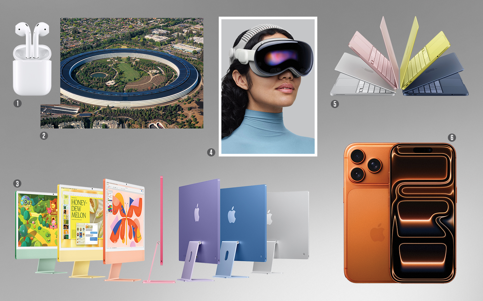 Imagem, em fundo cinza, com um mosaico de produtos da Apple.