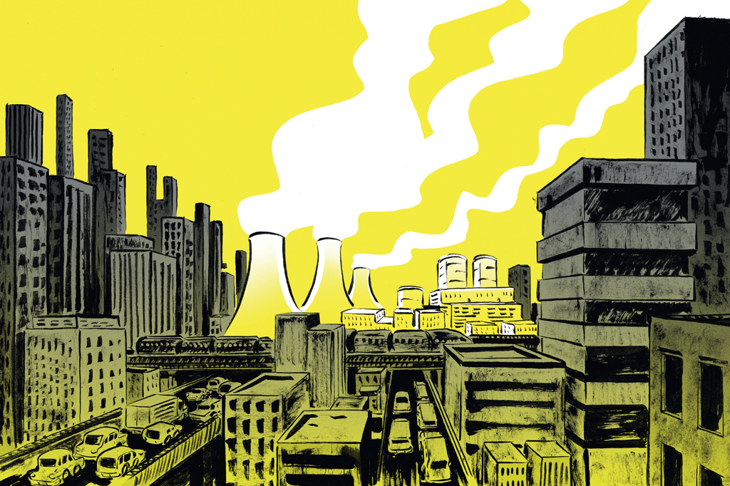 Ilustração, em fundo amarelo, de uma usina nuclear no centro de uma cidade cheia de prédios.