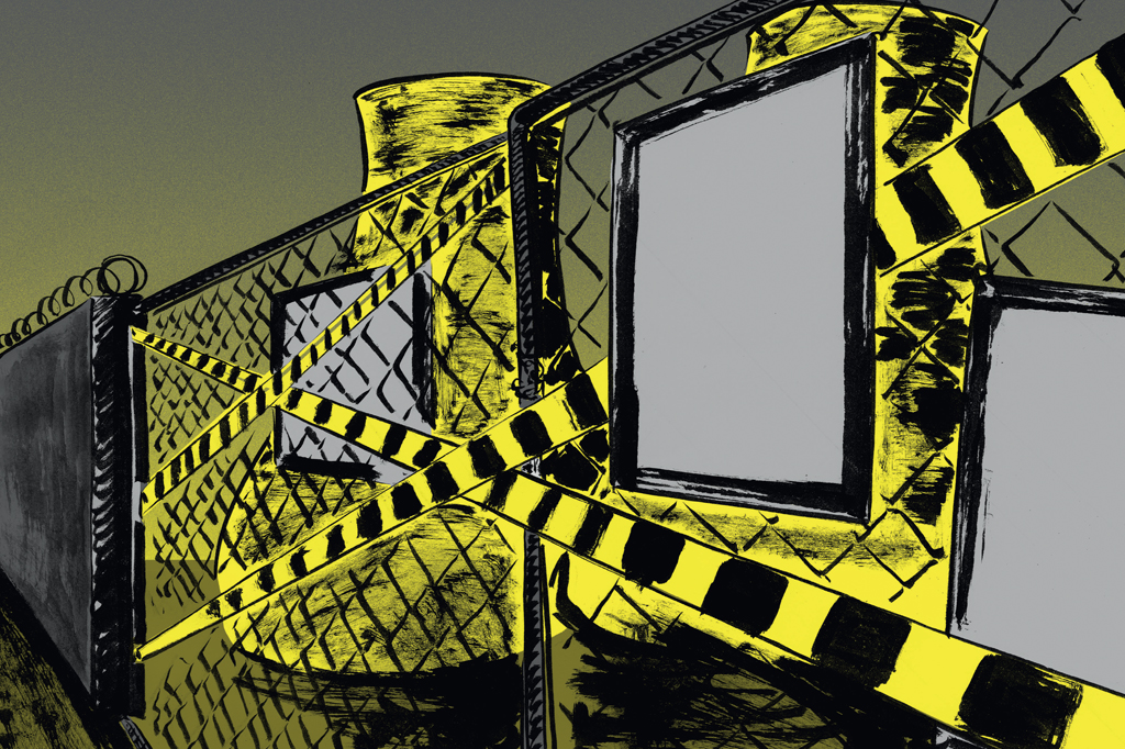 Ilustra&ccedil;&atilde;o, em fundo amarelo, de uma usina nuclear com os port&otilde;es fechados.