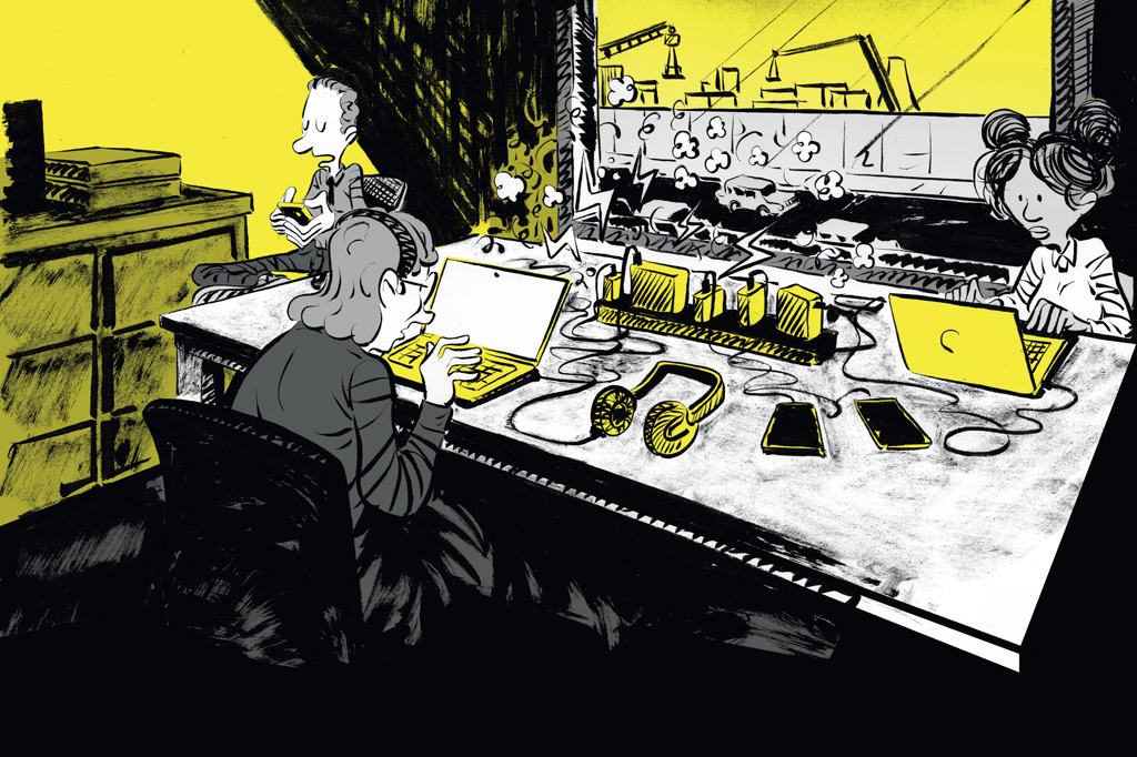 Ilustra&ccedil;&atilde;o, em fundo amarelo, de tr&ecirc;s pessoas trabalhando num escrit&oacute;rio.