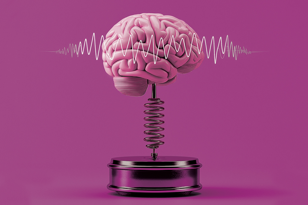 Imagem, em fundo lilás, de uma estátua. Vê-se um cérebro espetado numa mola sobre uma base redonda.