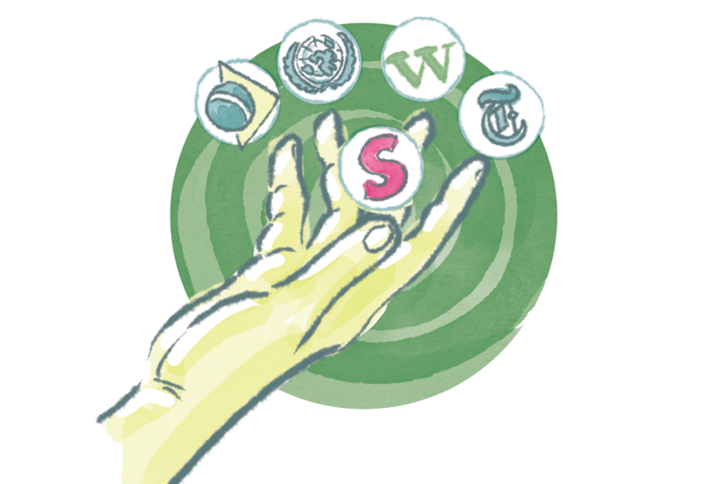 Ilustra&ccedil;&atilde;o, em fundo branco, de uma m&atilde;o jogando bolinhas marcadas com logotipos de empresas de tecnologia.