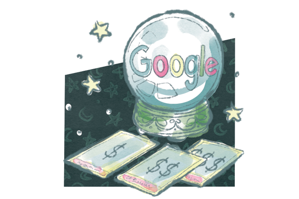 Ilustra&ccedil;&atilde;o, em fundo branco, de uma bola de cristal com a logomarca do Google. Ao lado, v&ecirc;-se algumas cartas marcadas com o s&iacute;mbolo de cifr&atilde;o.