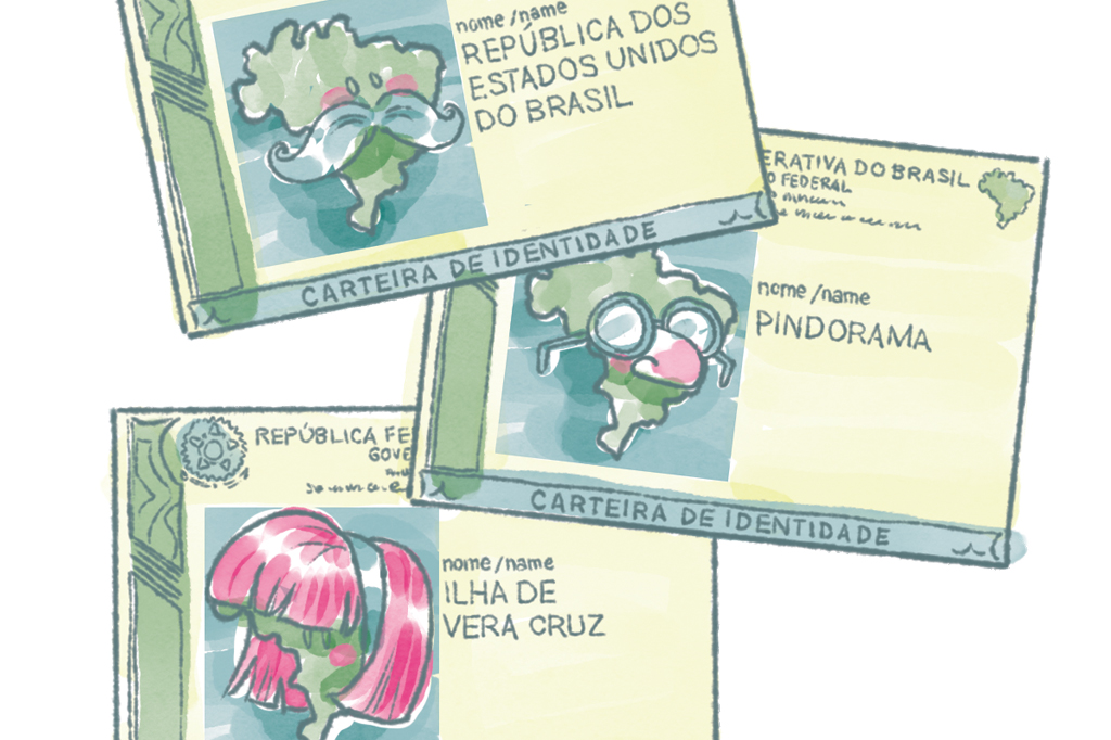 Ilustração cômica, em fundo branco, de documentos de identidade do Brasil.