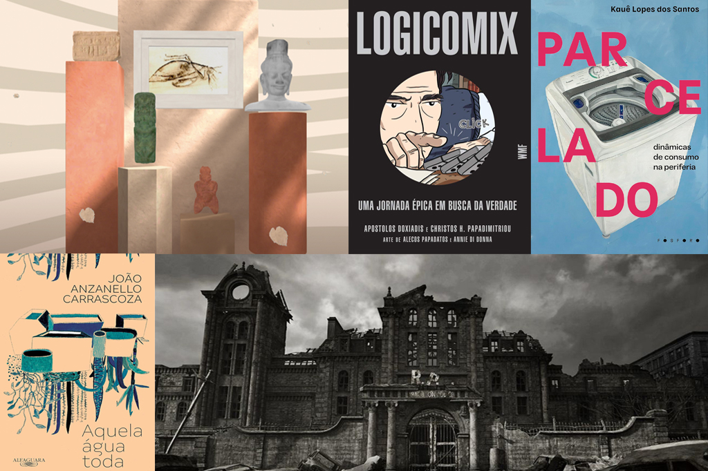 Mosaico de imagens composto com as capas dos livros Logicomix, Parcelado, Aquela água toda, com o jogo Resident Evil e com o tour virtual do Museu Virtual da Unesco.