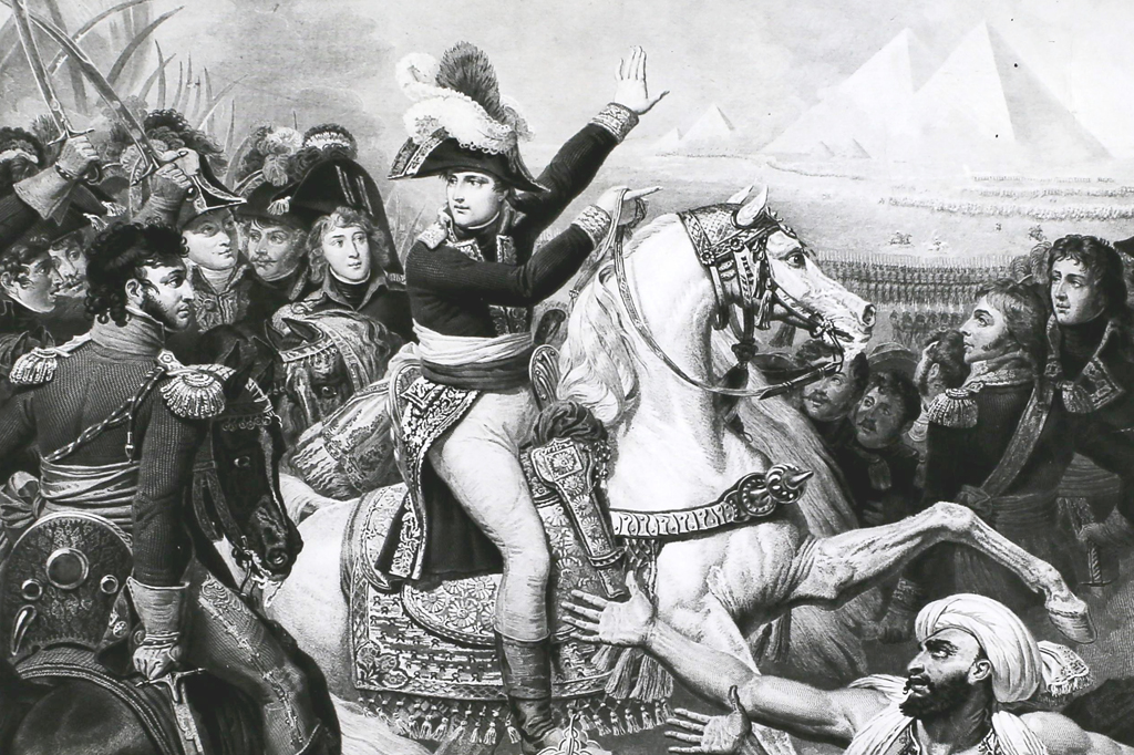 Imagem em litogravura de Napole&atilde;o Bonaparte na Batalha das Pir&acirc;mides, no Egito, em 1798.