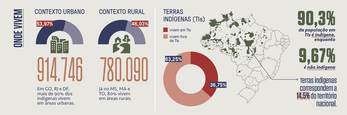 Gr&aacute;fico, em fundo cinza neutro, com dados sobre a popula&ccedil;&atilde;o ind&iacute;gena no Brasil.