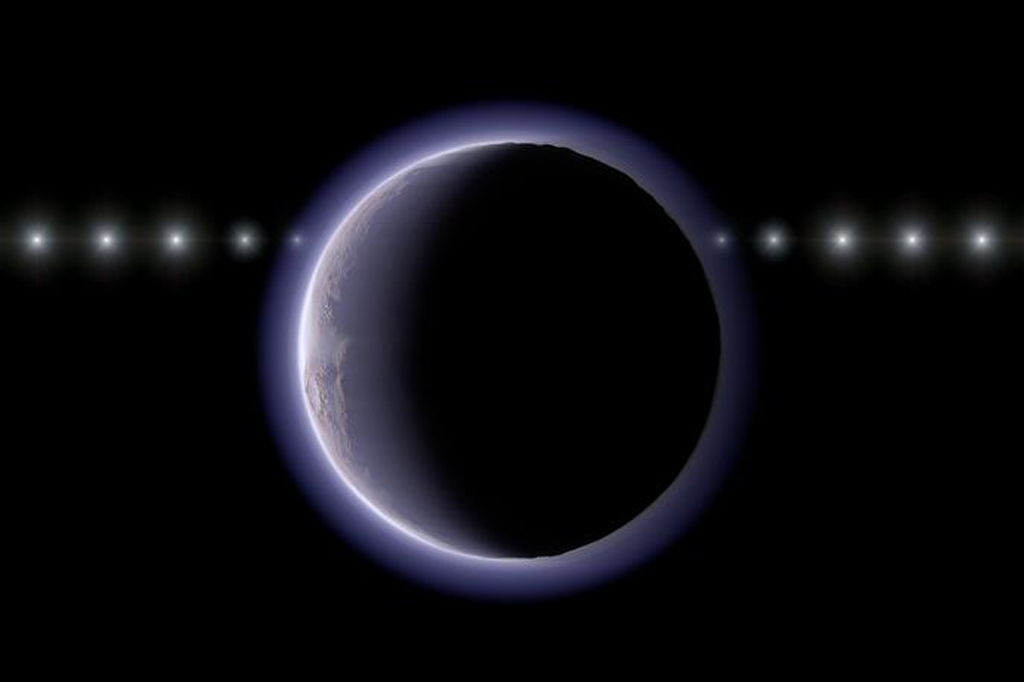Concepção artística desta pesquisa, mostrando uma sequência temporal imaginada da passagem de uma estrela atrás de um objeto transnetuniano (TNO) com atmosfera.