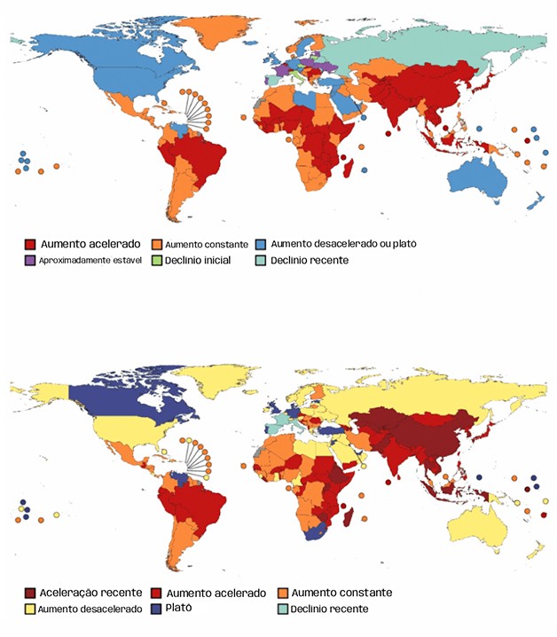 Gr&aacute;fico sobre a obesidade em adultos (1980&ndash;2024).Dois mapas-m&uacute;ndi coloridos mostram tend&ecirc;ncias globais. O mapa superior exibe 