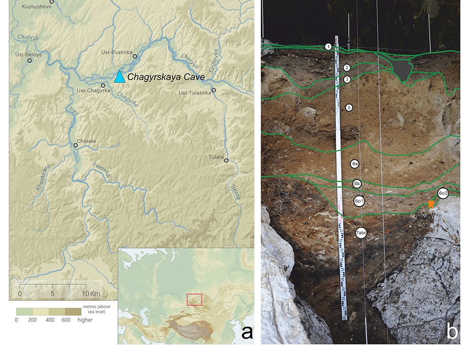 Mapa da regi&atilde;o da Caverna Chagyrskaya na R&uacute;ssia e foto de um perfil estratigr&aacute;fico com camadas de solo numeradas e linhas verdes demarcando as profundidades
