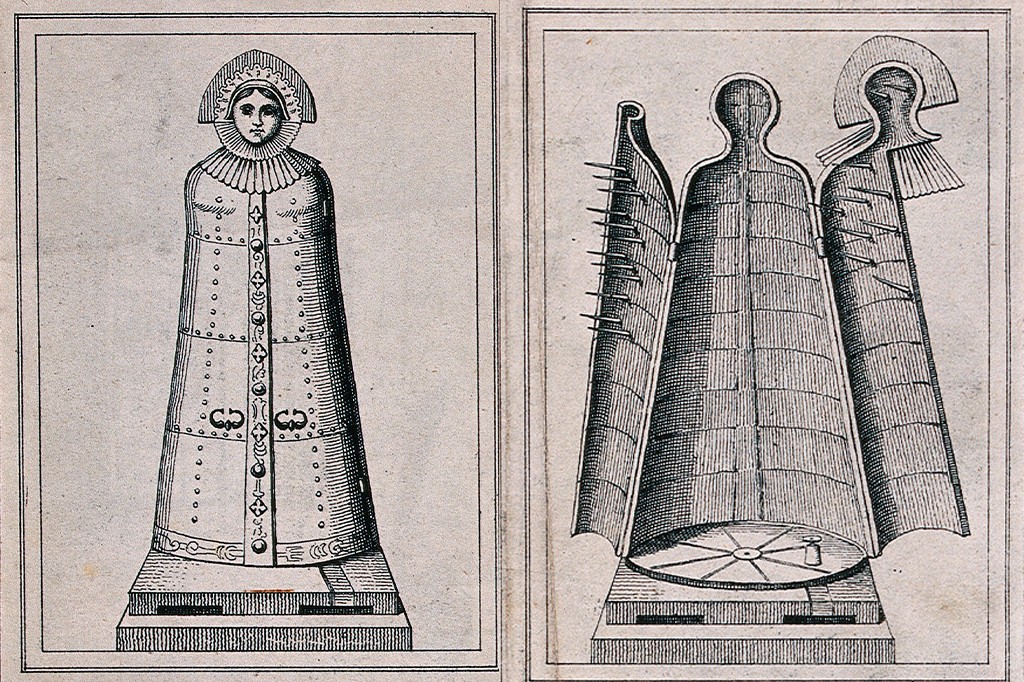 Duas gravuras em preto e branco de uma Dama de Ferro, instrumento de tortura medieval. À esquerda, a figura fechada, com rosto de mulher e gola plissada. À direita, a figura aberta, revelando espinhos pontiagudos em seu interior e uma base circular