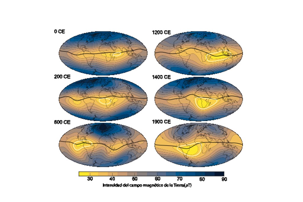 Seis mapas-m&uacute;ndi ovais mostram a intensidade do campo magn&eacute;tico da Terra de 0 a 1900 CE, com cores variando de azul escuro (90 &micro;T) a amarelo claro (30 &micro;T). A intensidade mais alta se desloca do Pac&iacute;fico para a &Aacute;frica e Am&eacute;rica do Sul ao longo do tempo