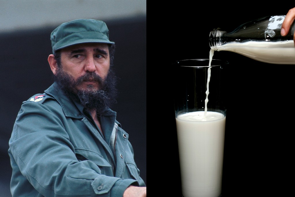 Fidel Castro, com barba e uniforme militar verde-oliva, olha para a direita; ao lado, uma mão derrama leite de uma garrafa em um copo, sobre fundo preto