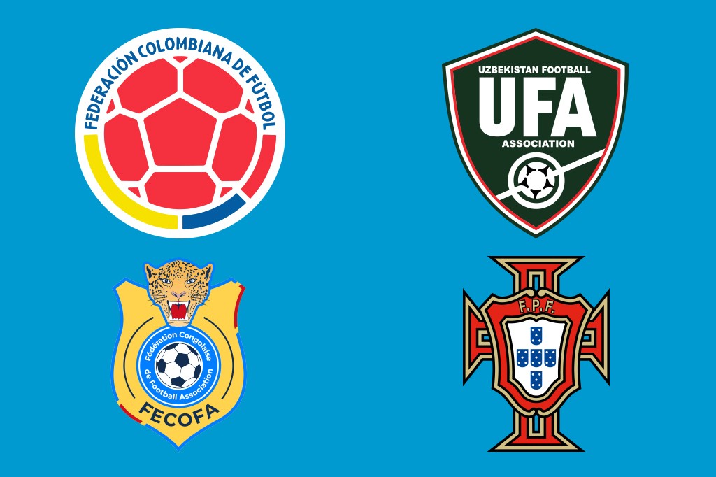 Quatro escudos de federa&ccedil;&otilde;es de futebol: Col&ocirc;mbia (bola vermelha), Uzbequist&atilde;o (UFA verde), Congo (leopardo amarelo) e Portugal (cruz vermelha com escudos azuis).