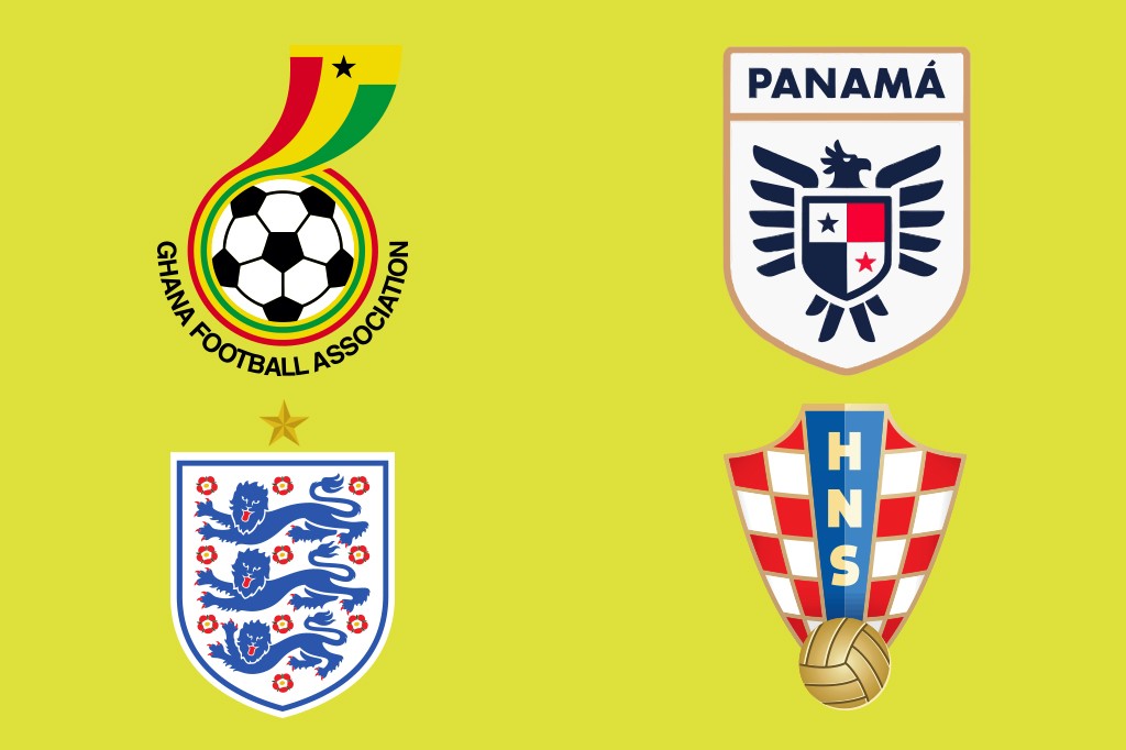 Quatro escudos de federa&ccedil;&otilde;es de futebol em fundo amarelo: Gana, Panam&aacute;, Inglaterra e Cro&aacute;cia.