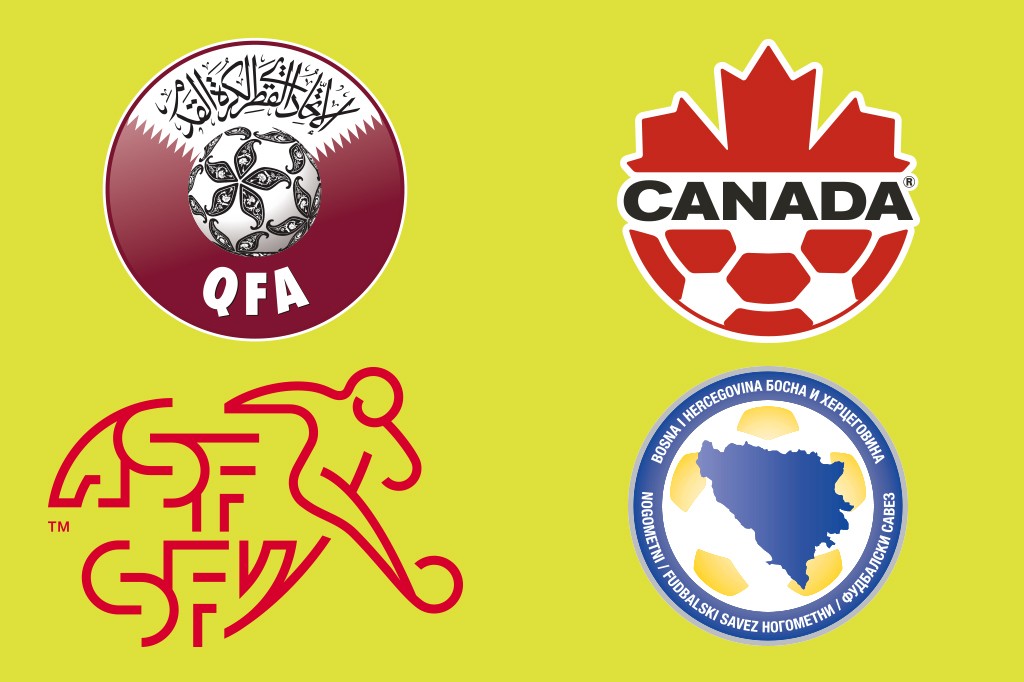 Quatro logotipos de federa&ccedil;&otilde;es de futebol em fundo amarelo: Qatar, Canad&aacute;, Su&iacute;&ccedil;a e B&oacute;snia e Herzegovina.