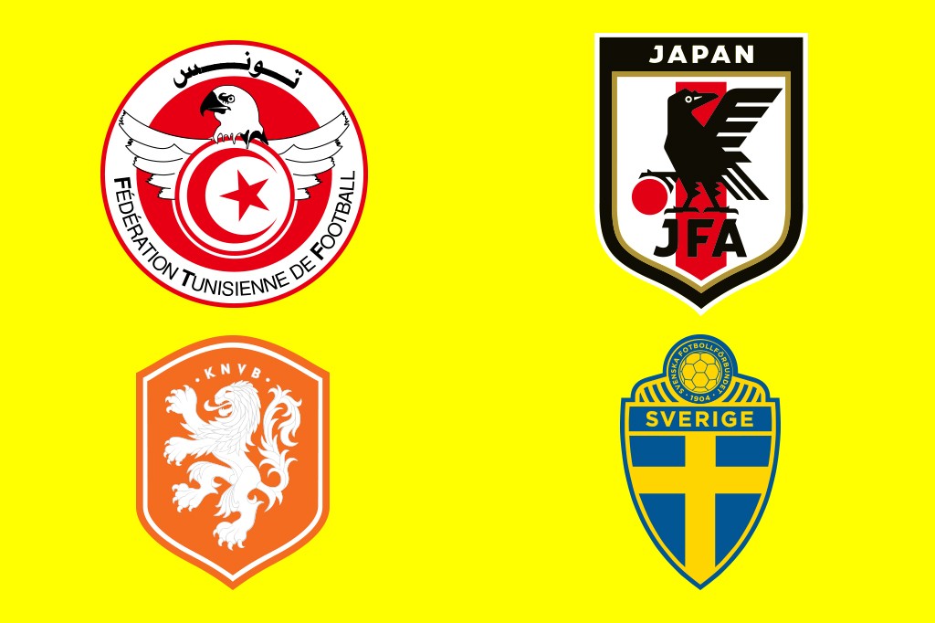 Quatro escudos de federa&ccedil;&otilde;es de futebol em fundo amarelo: Tun&iacute;sia (&aacute;guia, lua crescente e estrela), Jap&atilde;o (corvo de tr&ecirc;s pernas), Holanda (le&atilde;o branco) e Su&eacute;cia (cruz n&oacute;rdica amarela).