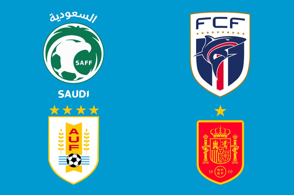 Quatro escudos de federa&ccedil;&otilde;es de futebol: Ar&aacute;bia Saudita (&aacute;guia verde), Ilhas Faro&eacute; (tubar&atilde;o azul), Uruguai (AUF com bola) e Espanha (bras&atilde;o real).