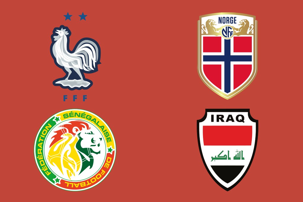 Quatro escudos de federa&ccedil;&otilde;es de futebol em fundo vermelho: Fran&ccedil;a (galo branco), Noruega (bandeira norueguesa), Senegal (le&atilde;o tricolor) e Iraque (bandeira iraquiana).