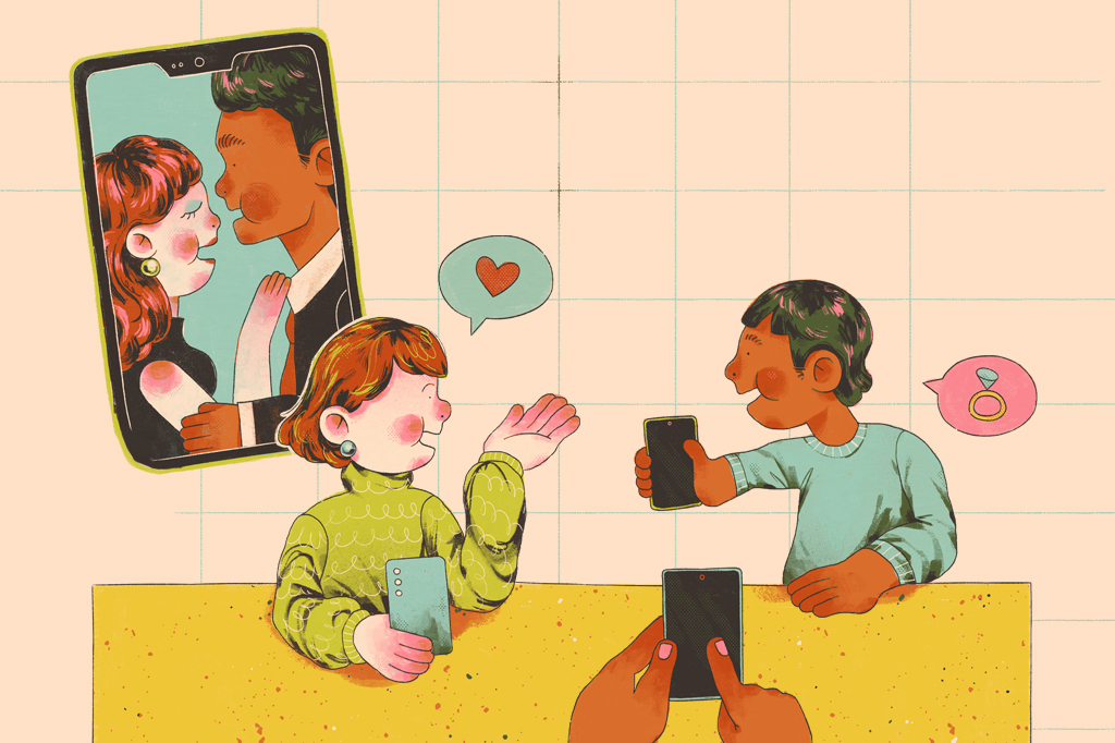 Ilustra&ccedil;&atilde;o de um casal conversando. Ao fundo, v&ecirc;-se um enorme smartphone com uma cena de novela.