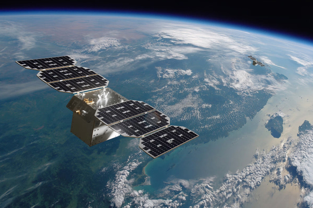 Ilustração de três satélites orbitando o planeta Terra.