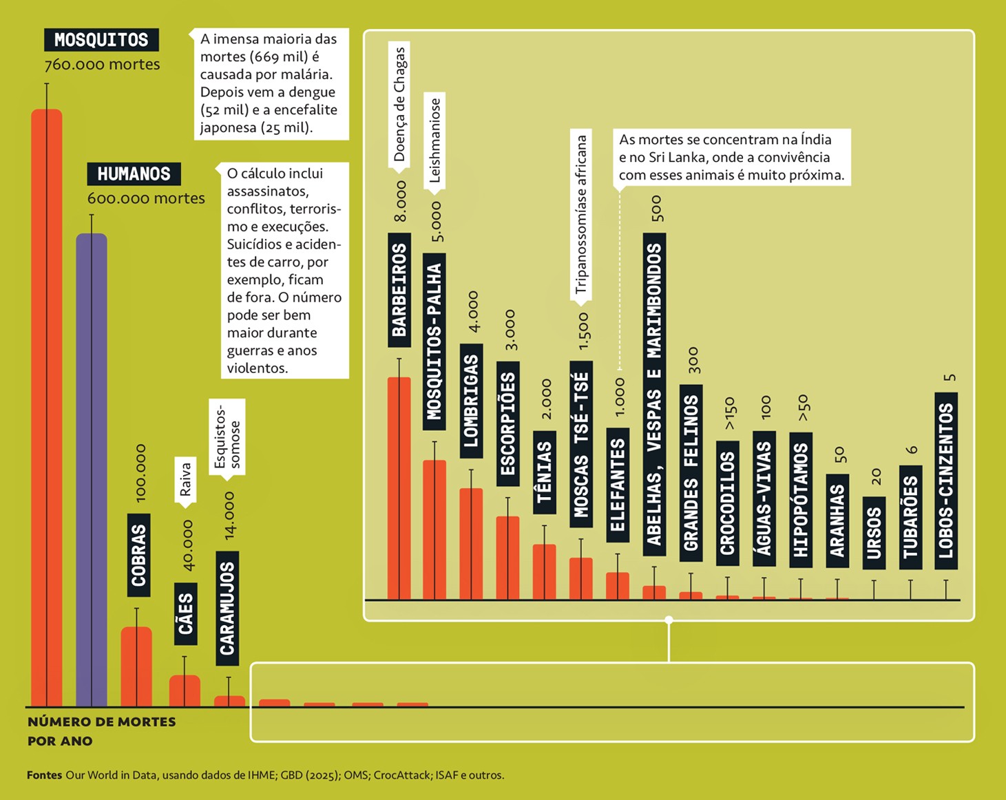 Gr&aacute;fico, em fundo verde lim&atilde;o, com dados sobre animais que mais matam seres humanos.