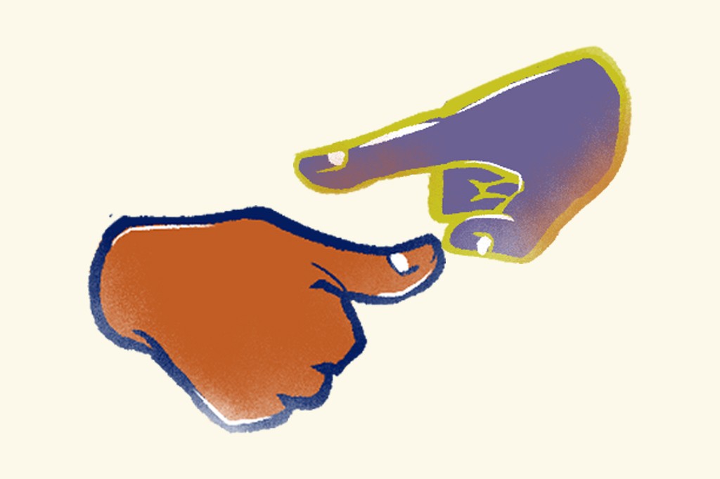 Ilustra&ccedil;&atilde;o, em fundo bege, de duas m&atilde;os fazendo os sinais do jogo Suten.