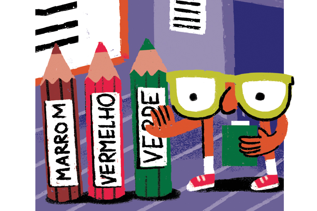 Ilustração cômica de um par de óculos usando tênis e segurando uma prancheta, analisando três grandes lápis de cor. O primeiro, na cor marrom; o segundo, na cor vermelha e o terceiro na cor verde.