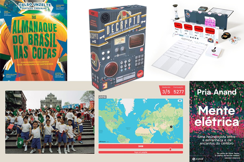Montagem com cinco imagens: capa do livro "Almanaque do Brasil nas Copas", caixa e componentes do jogo "Decrypto", crianças asiáticas com bandeiras em frente a uma igreja, mapa-múndi interativo e capa do livro "Mente Elétrica"