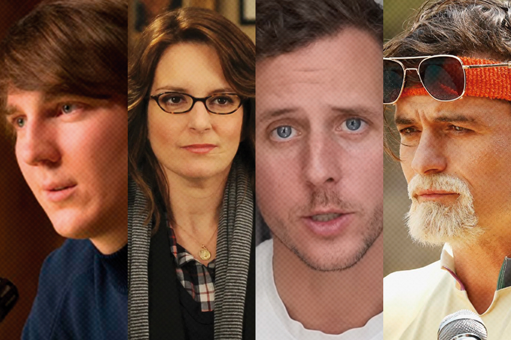 Montagem com fotos das produções: Love & Mercy (2015); 30 Rock (2006-2013); Search Party (2023-) e Tour de Farmácia (2017).