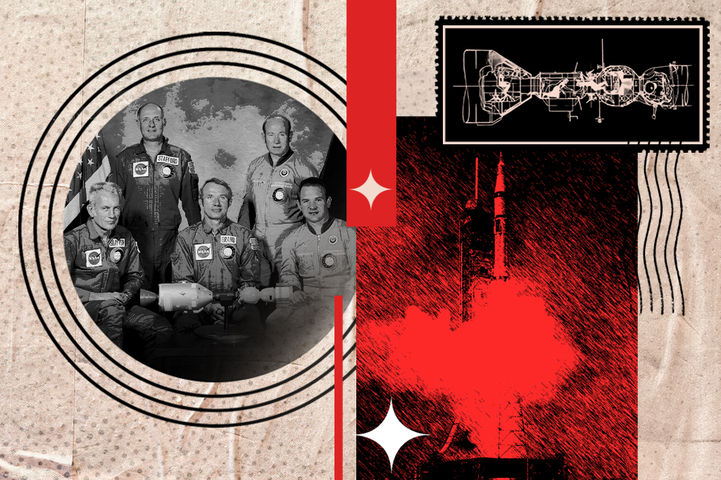Colagem com foto em preto e branco de cinco astronautas da NASA em trajes espaciais, com uma bandeira dos EUA ao fundo, e &agrave; direita, uma ilustra&ccedil;&atilde;o vermelha de um foguete decolando e um diagrama de nave espacial.