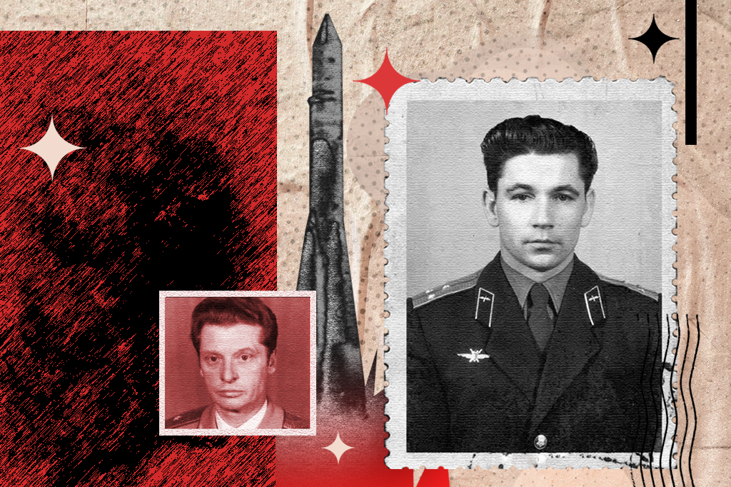 Colagem com duas fotos de um homem jovem em uniforme militar, uma em preto e branco e outra em tom sépia avermelhado, sobre fundo de foguete espacial e texturas de papel amassado e riscado.