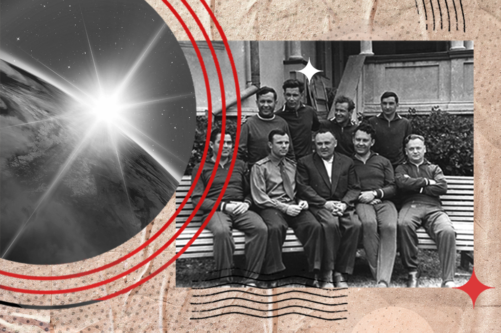 Colagem em s&eacute;pia com foto de nove homens, incluindo Yuri Gagarin, sentados em um banco, e uma imagem da Terra vista do espa&ccedil;o com o sol nascendo.