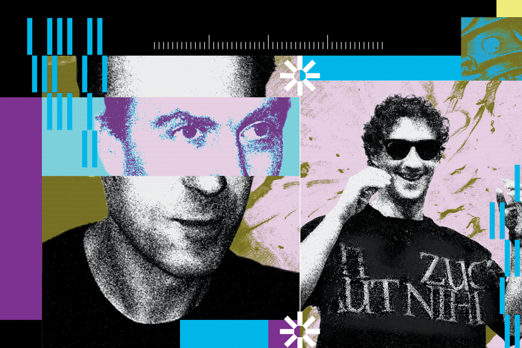 Colagem digital com dois homens em estilo glitch. &Agrave; esquerda, rosto de um homem em tons de roxo e azul, com olhos e boca vis&iacute;veis. &Agrave; direita, homem sorrindo, de &oacute;culos escuros e camiseta preta, com fundo rosa e detalhes em azul e amarelo.