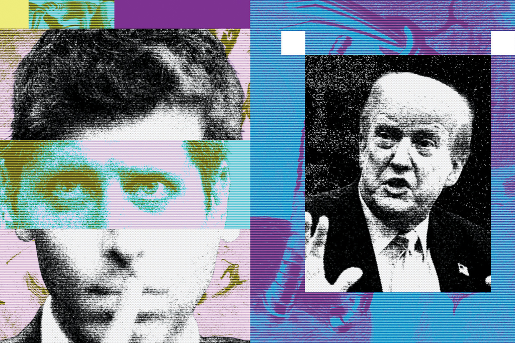 Colagem digital com dois homens em preto e branco sobre fundo colorido. &Agrave; esquerda, um homem jovem com cabelo escuro e olhos penetrantes. &Agrave; direita, Donald Trump, com express&atilde;o s&eacute;ria e m&atilde;o levantada, vestindo terno e gravata. O fundo tem padr&otilde;es abstratos em tons de roxo, azul e verde, com linhas horizontais e texturas pontilhadas.