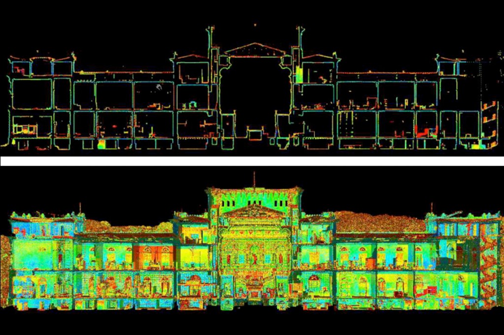 Duas representa&ccedil;&otilde;es de um edif&iacute;cio em preto, com detalhes coloridos em azul, verde, amarelo e vermelho. A imagem superior mostra um corte transversal, revelando a estrutura interna e os andares. A imagem inferior exibe a fachada frontal, com janelas e portas vis&iacute;veis