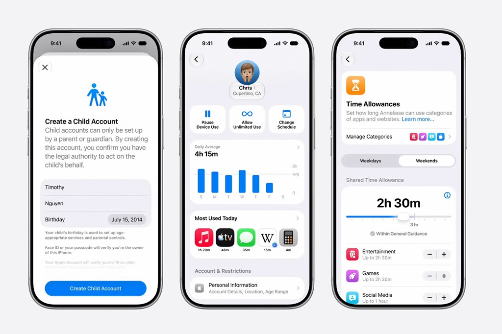 Tr&ecirc;s telas de iPhone exibem configura&ccedil;&otilde;es de controle parental: cria&ccedil;&atilde;o de conta infantil, resumo de uso di&aacute;rio e limites de tempo para aplicativos e categorias