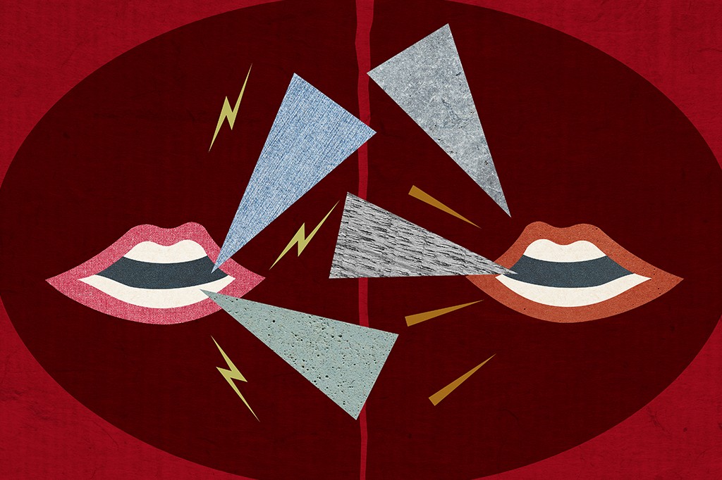 Duas bocas estilizadas, uma rosa e outra laranja, se comunicam com triângulos texturizados e raios amarelos em um fundo vermelho escuro, simbolizando diálogo e troca de ideias