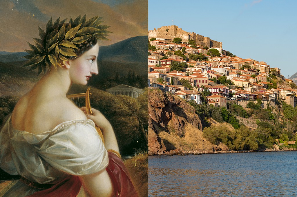 Pintura de mulher com coroa de louros e lira, ao lado de uma foto de cidade costeira com casas e um castelo no topo da colina