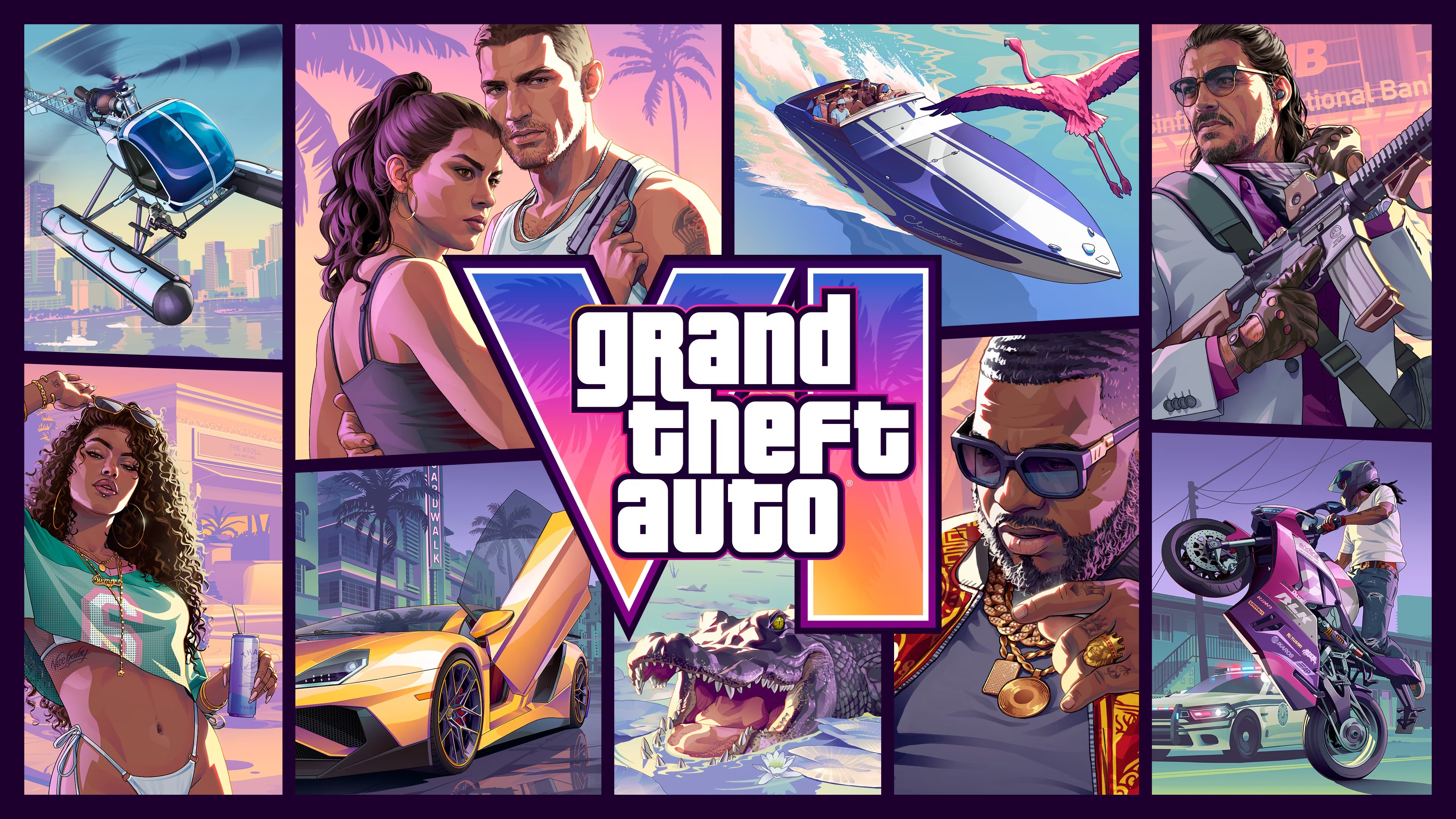 Montagem de cenas do jogo Grand Theft Auto VI, com o logo centralizado. Inclui um helicóptero, um casal, um barco com flamingo, um homem com rifle, uma mulher de biquíni, um carro esportivo, um jacaré, um homem com correntes de ouro e um motociclista empinando.