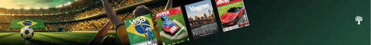 PAYWALL-728-x-90-px Estádio de futebol lotado com bandeira do Brasil e bola no campo, um jogador comemorando, e capas de revistas Veja, Super, Viagem e Quatro Rodas flutuando