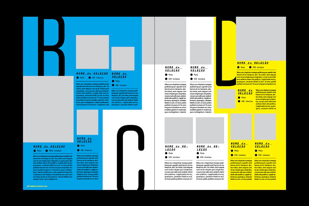 Primeiro teste de layout com três colunas, cada uma com fundo colorido: azul, branco e amarelo. A coluna azul tem uma grande letra B; a coluna branca tem uma grande letra C; e a coluna amarela tem uma grande letra D. Todas as caixas contêm texto de preenchimento e espaços para imagens.