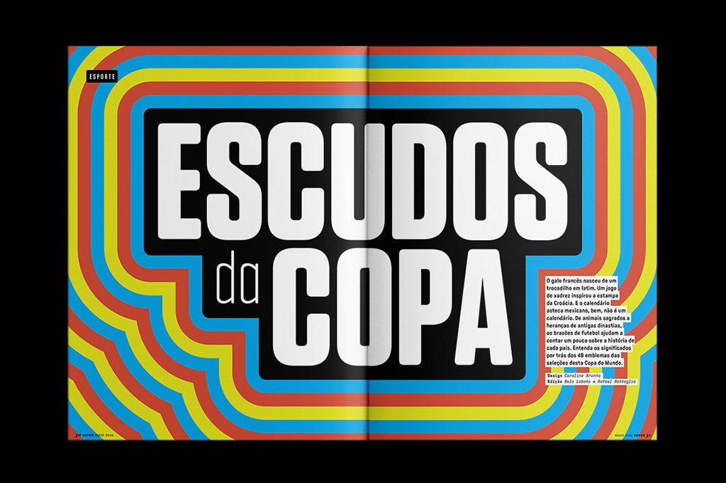 Página de revista com título ESCUDOS da COPA em letras brancas grandes sobre fundo preto. Bordas coloridas em azul, vermelho e amarelo formam um padrão de linhas curvas. Há um pequeno texto informativo sobre a história dos escudos de futebol e créditos de design e edição.