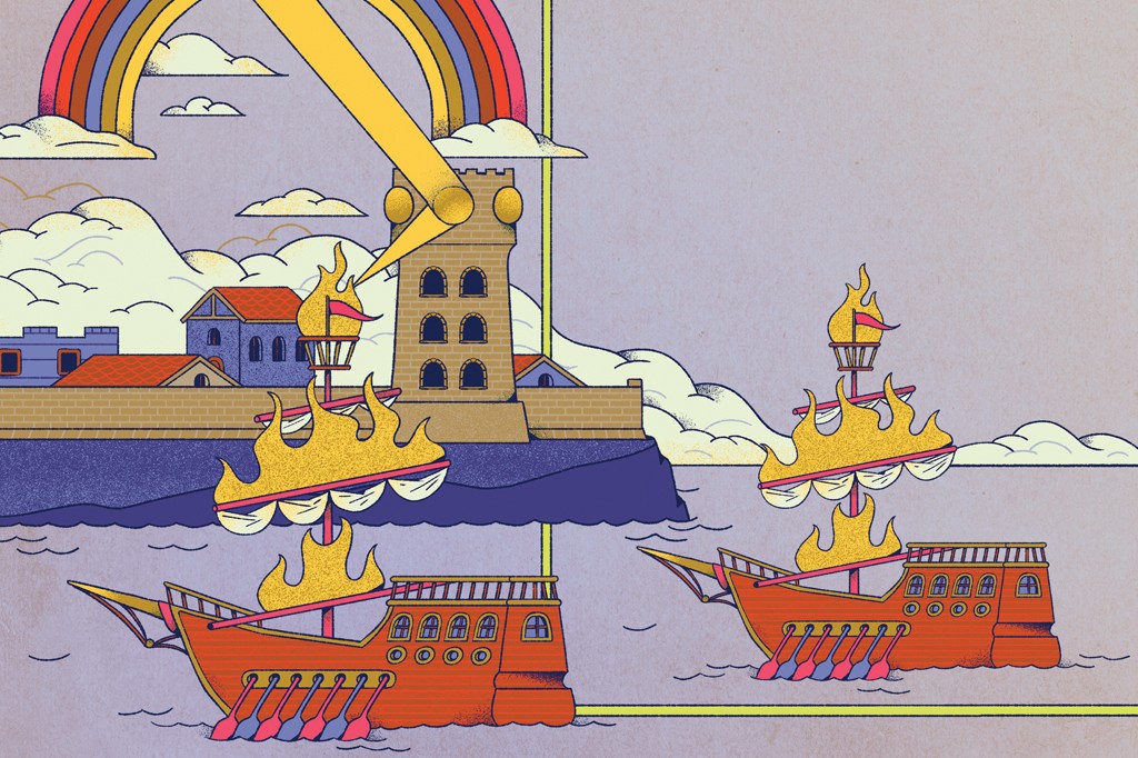 Dois navios de guerra antigos, com velas em chamas e remos vermelhos, navegam em um mar azul escuro. Ao fundo, uma cidade murada com casas e uma torre de pedra, sob um c&eacute;u lil&aacute;s com nuvens e um arco-&iacute;ris. Um raio de luz amarela desce do c&eacute;u, atingindo a torre e um dos navios.