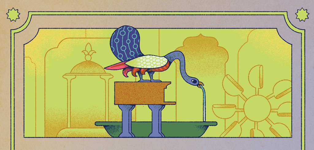 Ilustra&ccedil;&atilde;o de um p&aacute;ssaro azul com cauda de pav&atilde;o e corpo branco, vermelho e laranja, derramando &aacute;gua do bico em uma bacia verde. Ele est&aacute; sobre um pedestal marrom e azul, em um cen&aacute;rio verde-lim&atilde;o com detalhes arquitet&ocirc;nicos dourados e uma roda d'&aacute;gua &agrave; direita. A imagem tem uma borda decorativa bege com estrelas nos cantos superiores.