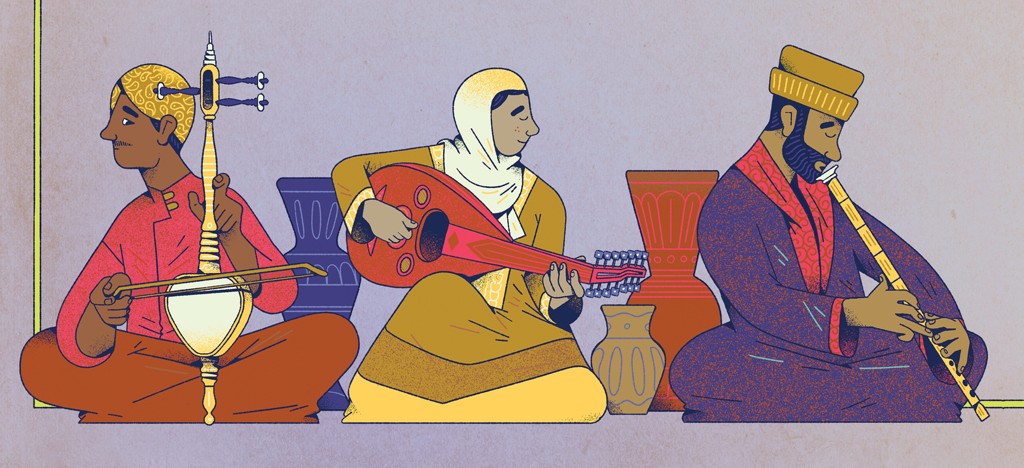 Tr&ecirc;s m&uacute;sicos do Oriente M&eacute;dio sentados no ch&atilde;o, tocando instrumentos tradicionais. O primeiro, &agrave; esquerda, usa um turbante amarelo e camisa vermelha, tocando um instrumento de cordas com arco. O do meio, com hijab branco e t&uacute;nica amarela, toca um ala&uacute;de vermelho. O terceiro, &agrave; direita, com turbante amarelo e t&uacute;nica roxa, toca uma flauta. Vasos decorativos em tons de azul, marrom e amarelo est&atilde;o ao fundo.