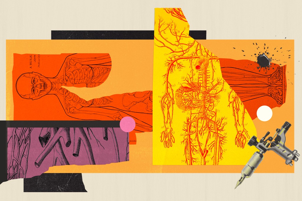 Colagem com ilustra&ccedil;&otilde;es anat&ocirc;micas em laranja e amarelo, sobrepostas por formas geom&eacute;tricas pretas e roxas, e uma m&aacute;quina de tatuagem no canto inferior direito.