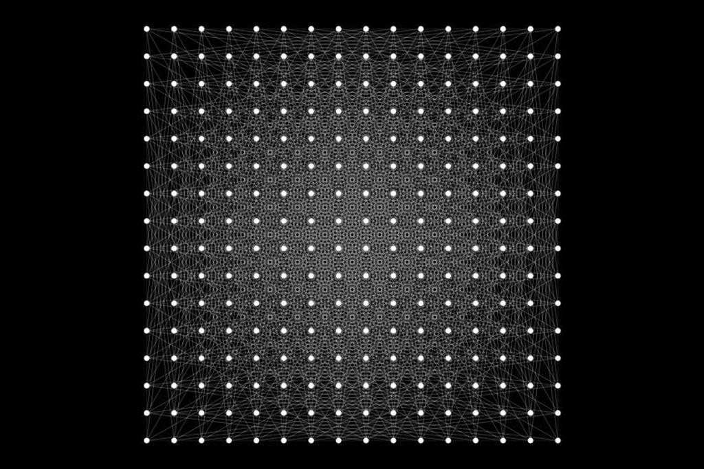 Uma grade de pontos brancos interconectados por linhas finas, formando uma rede complexa sobre um fundo preto. Os pontos centrais são mais densos e as linhas mais intrincadas, sugerindo uma estrutura de dados ou inteligência artificial.