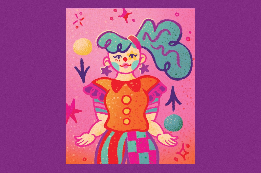 Ilustra&ccedil;&atilde;o de uma palha&ccedil;a sorridente com cabelo azul-turquesa preso, maquiagem colorida no rosto, blusa laranja com bot&otilde;es e cal&ccedil;a listrada e xadrez em tons vibrantes. Ela tem brincos de estrela e as m&atilde;os abertas, em um fundo rosa com estrelas e bolas de malabarismo.