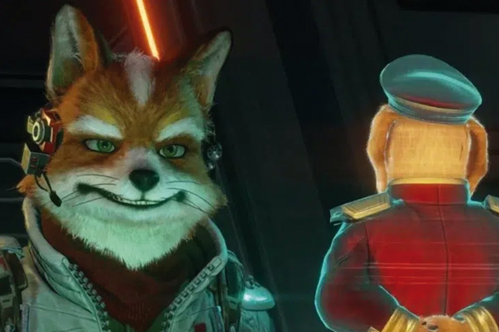 O personagem Fox McCloud, um raposo antropomórfico, sorri maliciosamente, usando um headset e jaqueta branca com gola vermelha. À direita, de costas, um personagem canino com uniforme militar vermelho e chapéu azul.